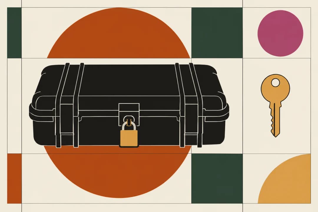 Poster of a closed hard gear case with a padlock and a house key, on a grid with bold shapes.