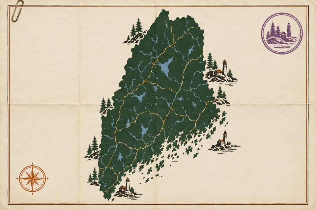 Hand-tinted map of Maine with fold creases, a paper clip, a stamp and local landmarks, for its crossbow rules.