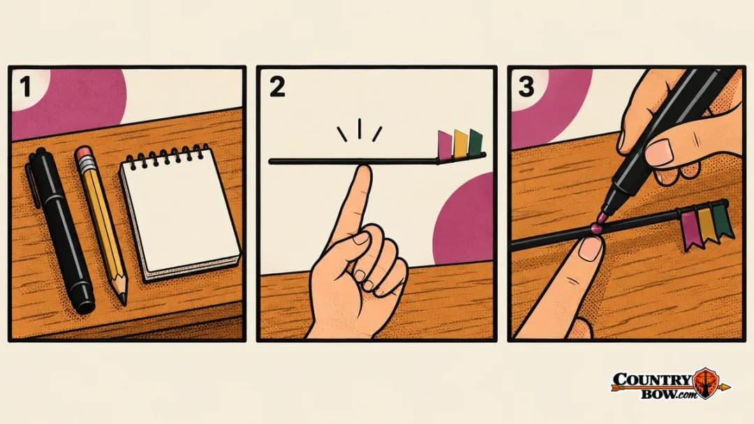 Three-panel comic: a marker, pencil and notepad on a bench, a thin shaft with colored vanes balanced on one fingertip, and a marker dotting the balance point