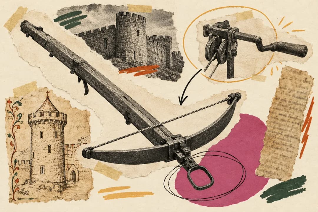 Collage of a medieval arbalest with a steel prod and stirrup, a windlass crank, a castle wall and a manuscript-style tower.