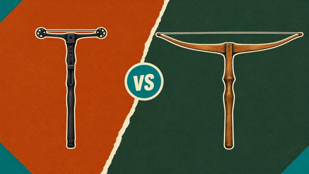 Split VS collage: a narrow modern horizontal bow with two small cams close together on rust, versus a wide wooden one with long swept limbs on pine