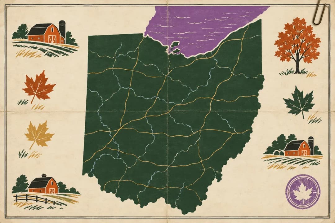 Hand-tinted map of Ohio with fold creases, a paper clip, a stamp and local landmarks, for its crossbow rules.