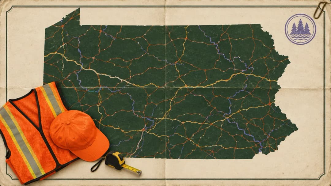 A fluorescent orange vest and hat beside a tape measure, on the Pennsylvania map.