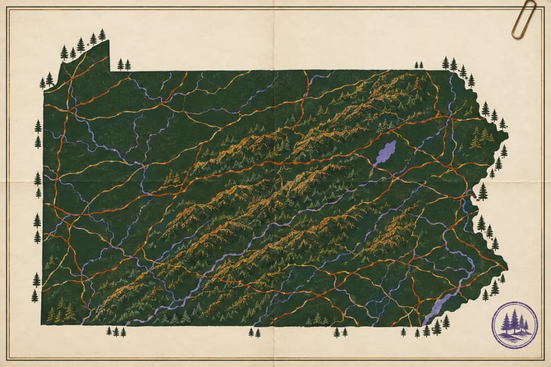 Hand-tinted map of Pennsylvania with fold creases, a paper clip, a stamp and local landmarks, for its crossbow rules.