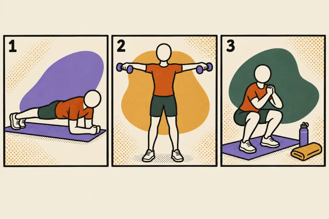 Three-panel comic: a faceless figure holding a plank on a mat, raising light dumbbells out to the sides, and doing a bodyweight squat