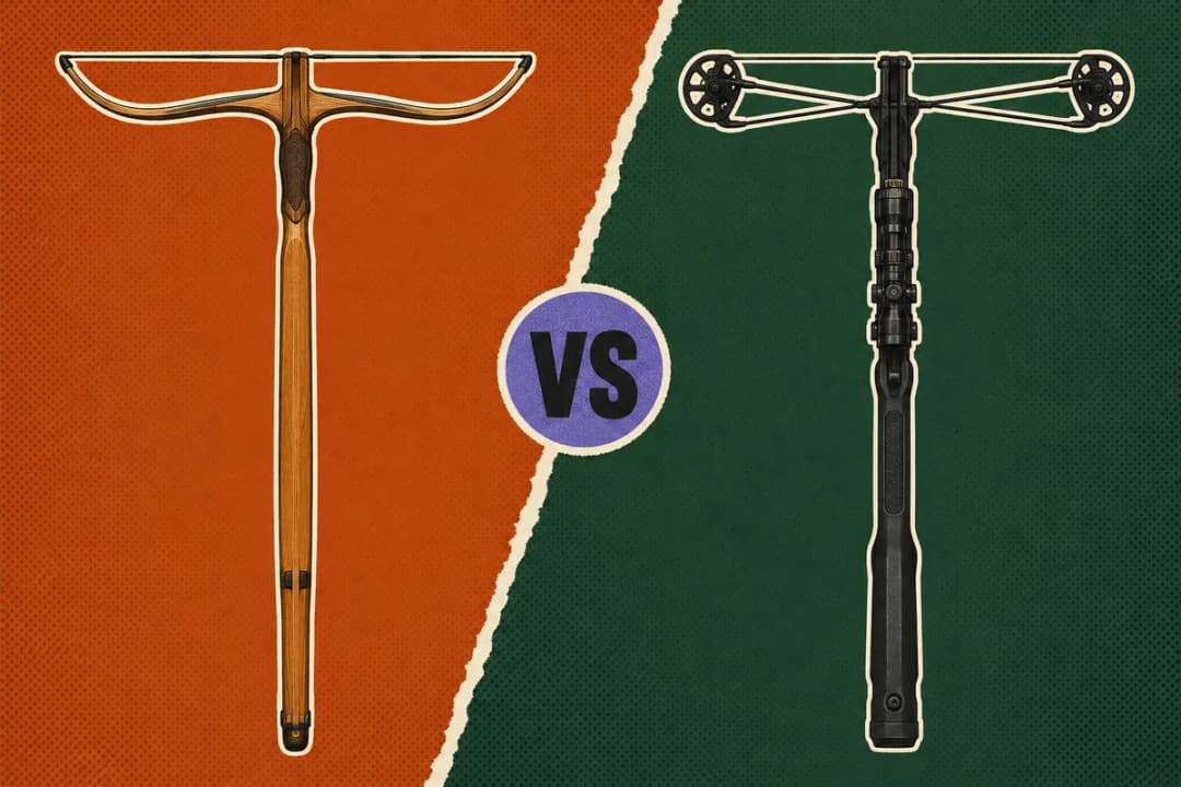 Split collage seen from above: a recurve crossbow with long curved limbs on a wooden stock versus a compound crossbow with cams and a scope.