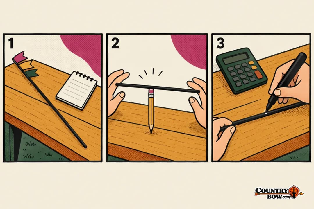 Three-panel comic: a thin shaft with colored vanes, the shaft balanced on a pencil, and a marker dotting the balance point beside a calculator