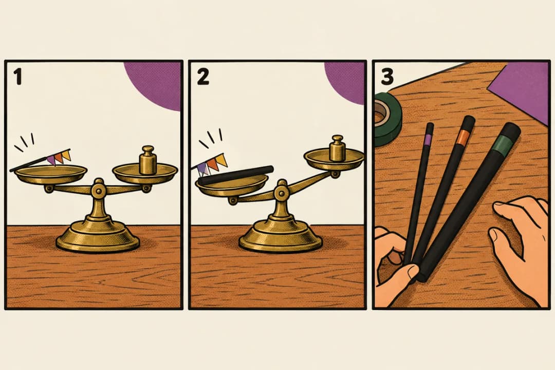 Three-panel comic: a thin shaft on a brass two-pan balance, a thicker shaft tipping it down, and three shafts banded light to heavy