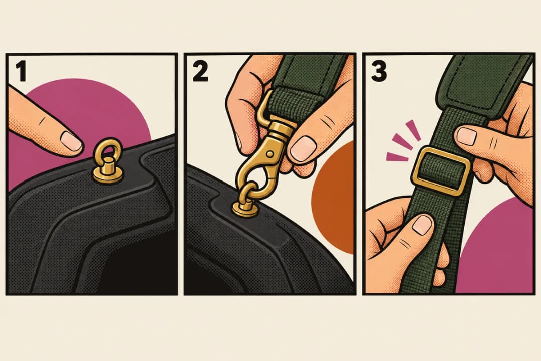 Three-panel comic: a finger pointing at a brass sling stud on a black stock, a swivel clipped onto it, and hands adjusting the strap length