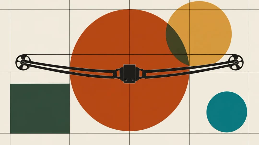 Split crossbow limbs with a cam wheel at each tip, joined at a central riser, shown as a specimen on a grid poster.