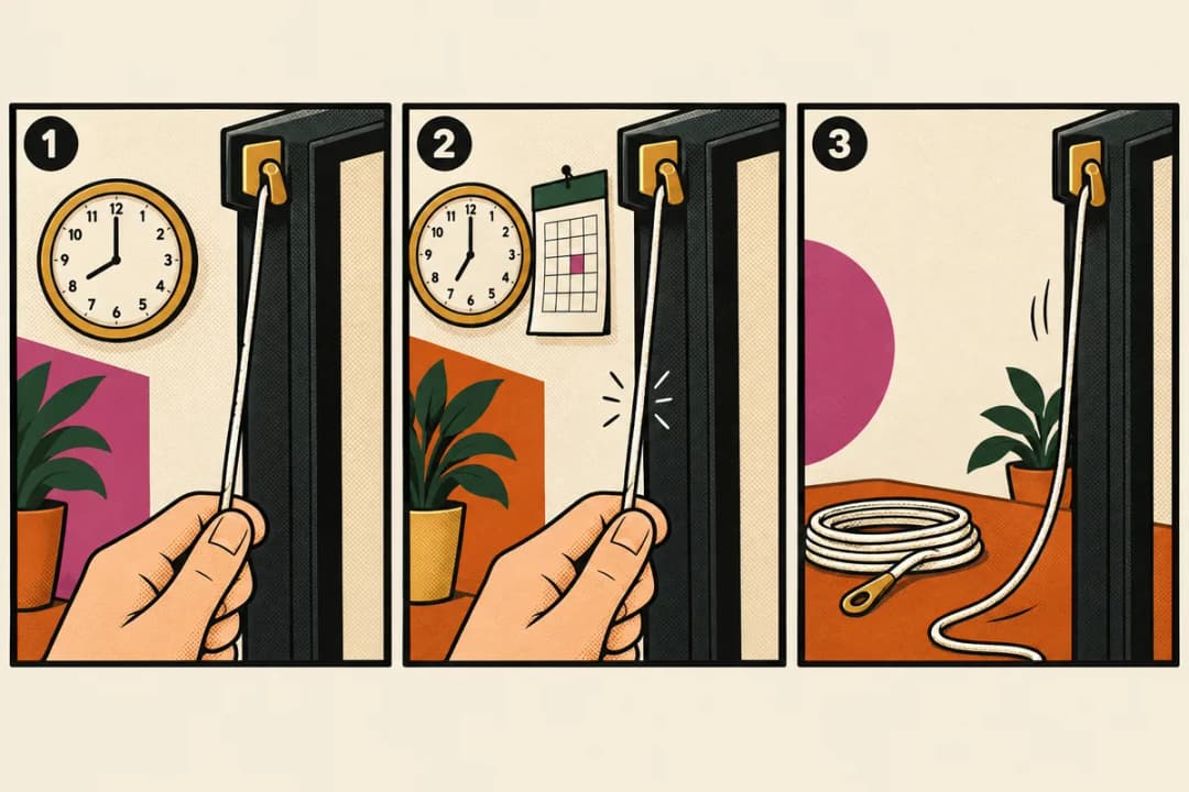Three-panel comic: a string held back in a latch as a clock goes from morning to evening, then the string at rest beside a coiled rope aid