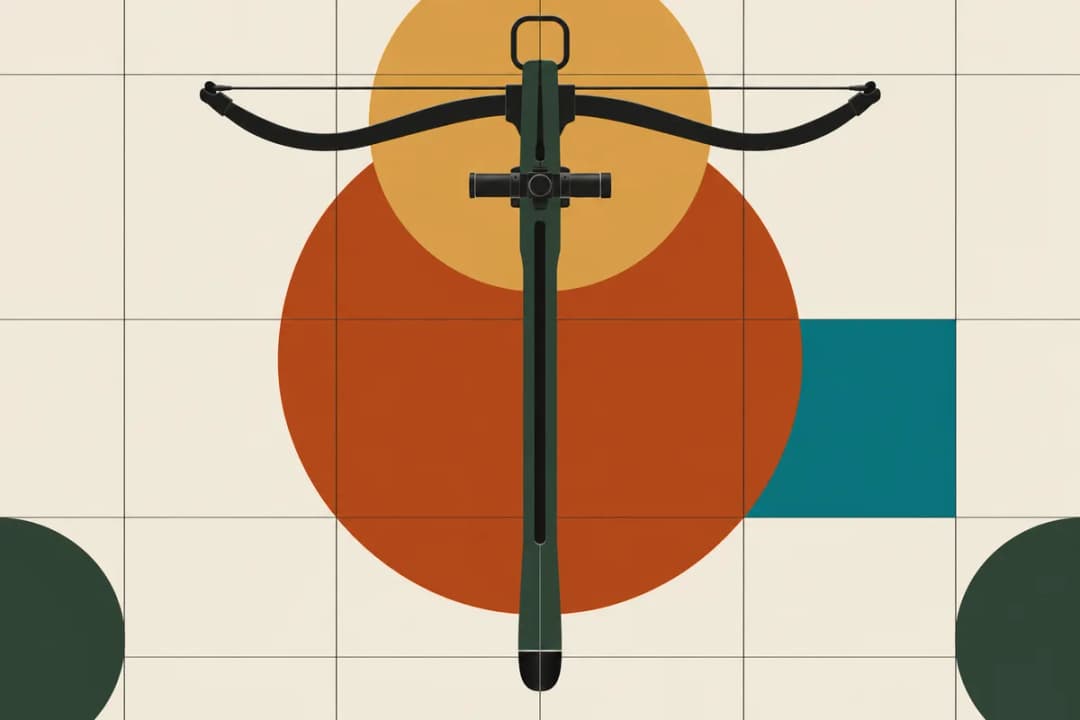 A crossbow seen from directly above, shaped like a letter T, centered on a grid poster with rust, gold, green and teal shapes.