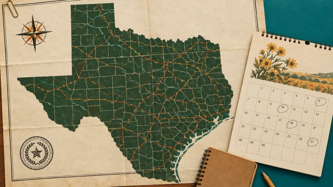 A fall wall calendar with dates circled, on a corner of the Texas county map.