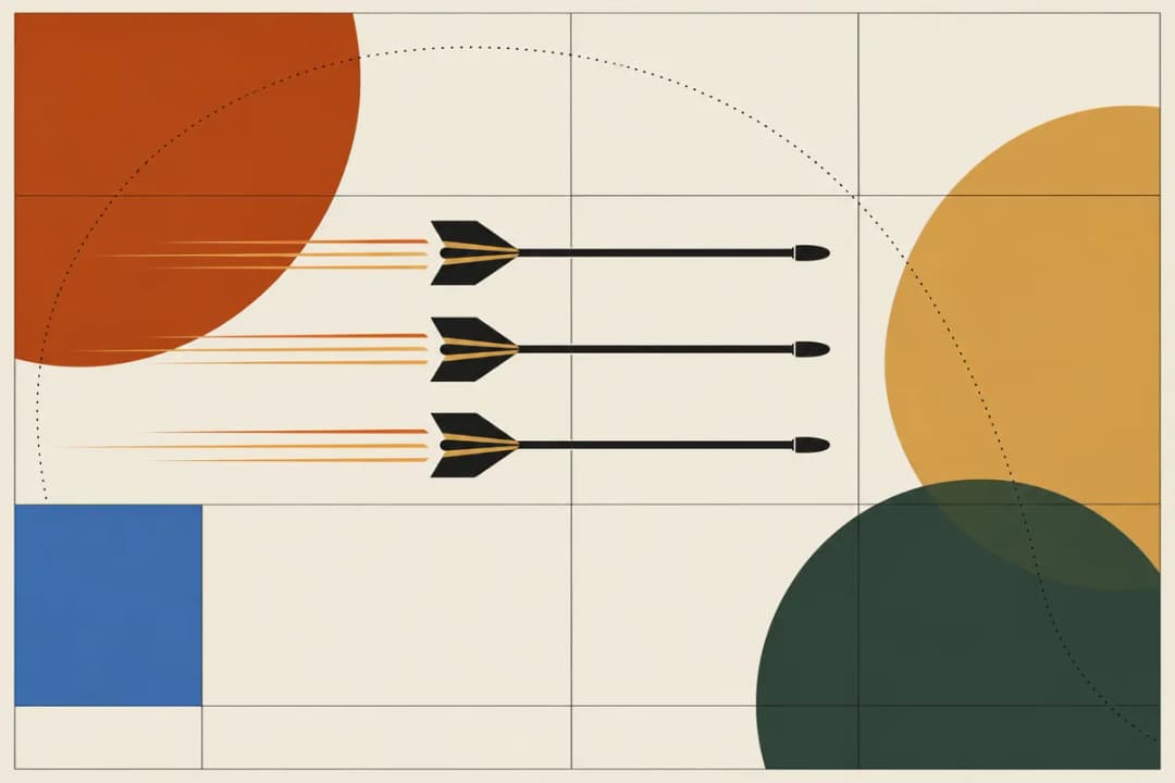 Three crossbow bolts flying in a level row with motion streaks and a dotted flight arc, on a grid poster with geometric shapes.