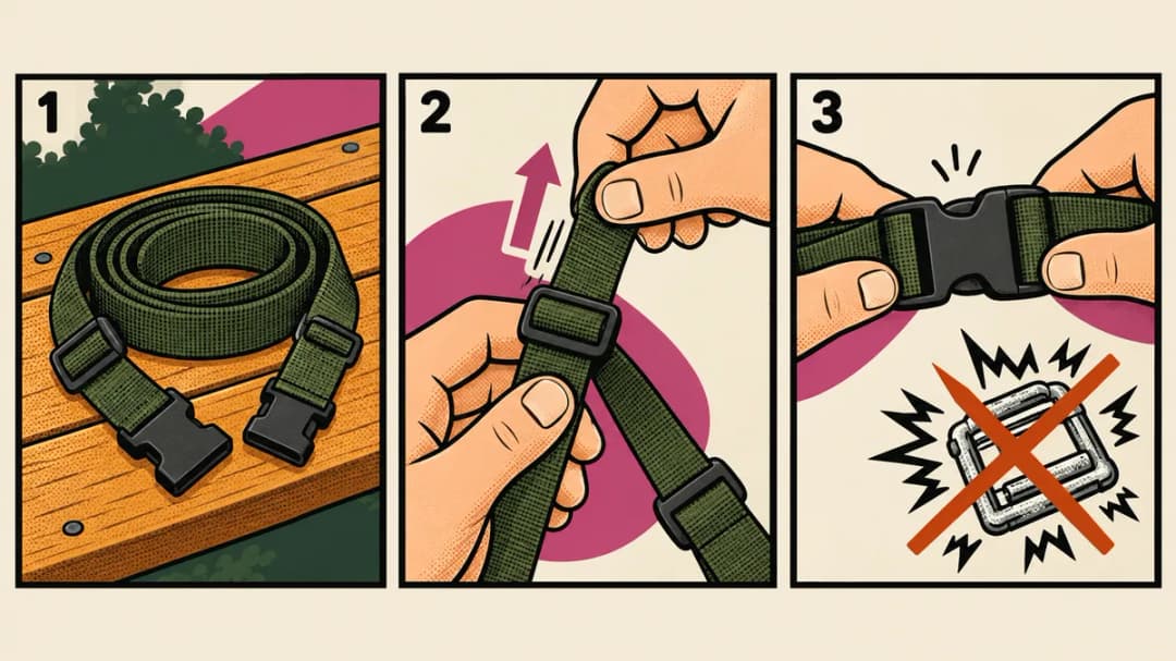 Three-panel comic: a coiled two-point strap, a hand pulling its length adjuster, and a quiet plastic buckle beside a crossed-out noisy metal one