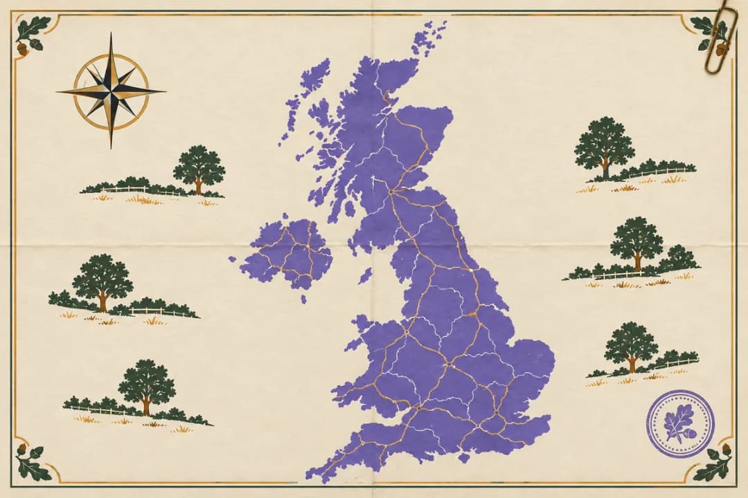 Hand-tinted map of the UK with fold creases, a paper clip, a stamp and local landmarks, for its crossbow rules.