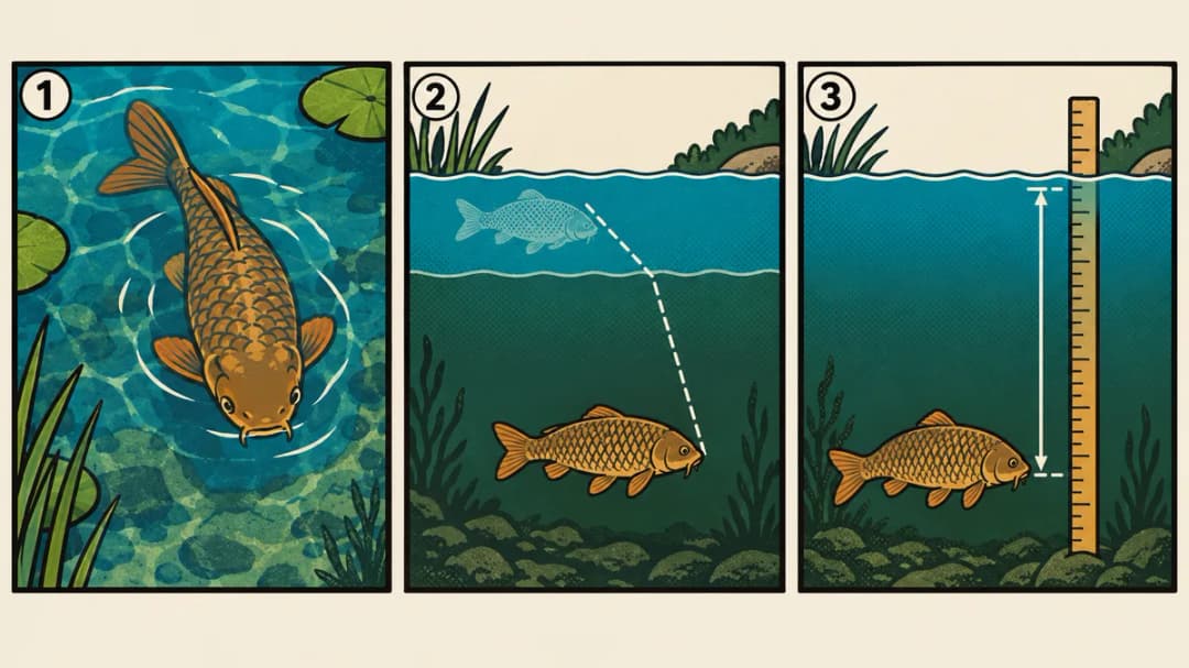 Three-panel comic: a carp seen from above, a cross-section with a ghost carp above the real one and a bent light line, and a stick measuring the depth
