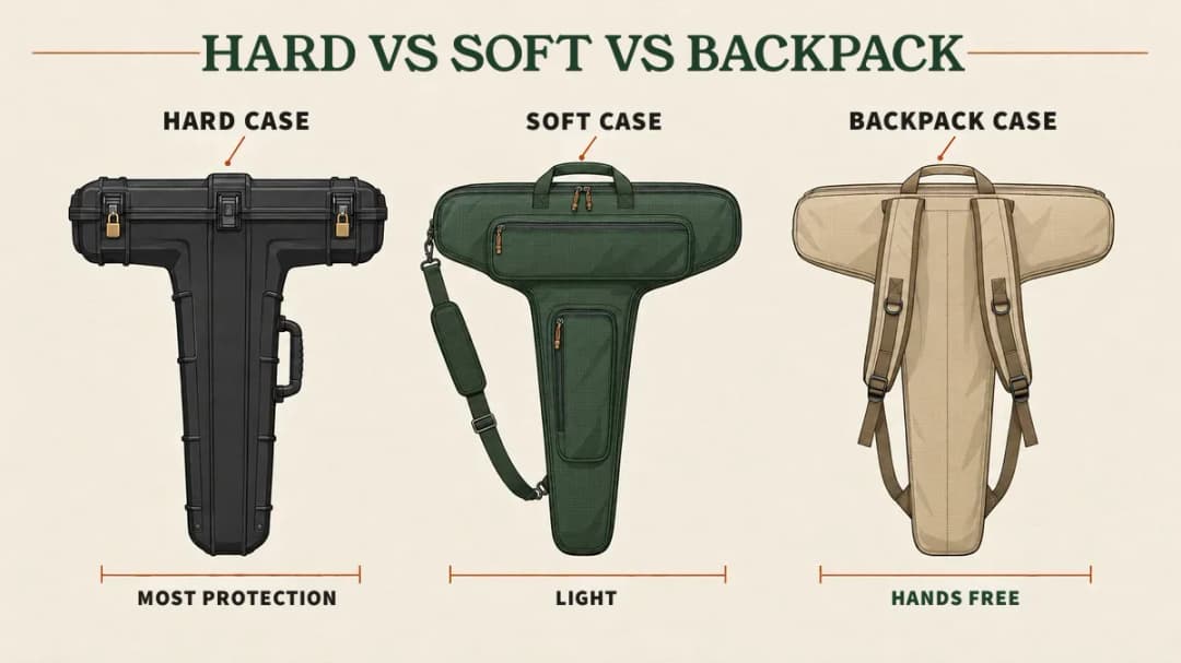 Hard, soft and backpack crossbow cases trade protection against weight and carrying Three crossbow case types side by side: a lockable hard case for the most protection, a light padded soft case, and a backpack case that leaves your hands free.