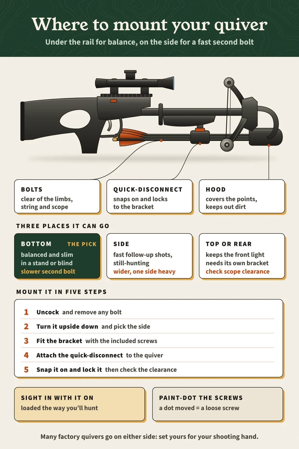 Where to mount a crossbow quiver on one page: a bottom-mounted quiver drawn on the crossbow, the three positions and their trade-offs, and the five mounting steps Crossbow with a quiver under the rail; bottom, side or top/rear mounts compared; five steps to mount it; sight in with the quiver on.