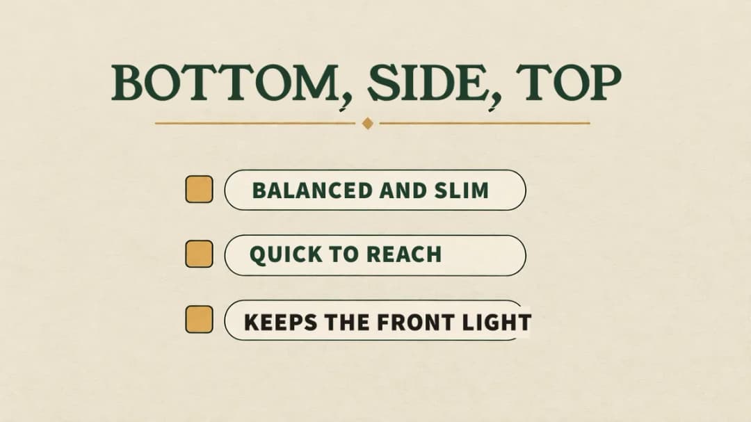 The three places a crossbow quiver mounts and what each one is best for Where the quiver goes: bottom for balance and a slim outline, side to reach a bolt quickly, top or rear to keep the front light.