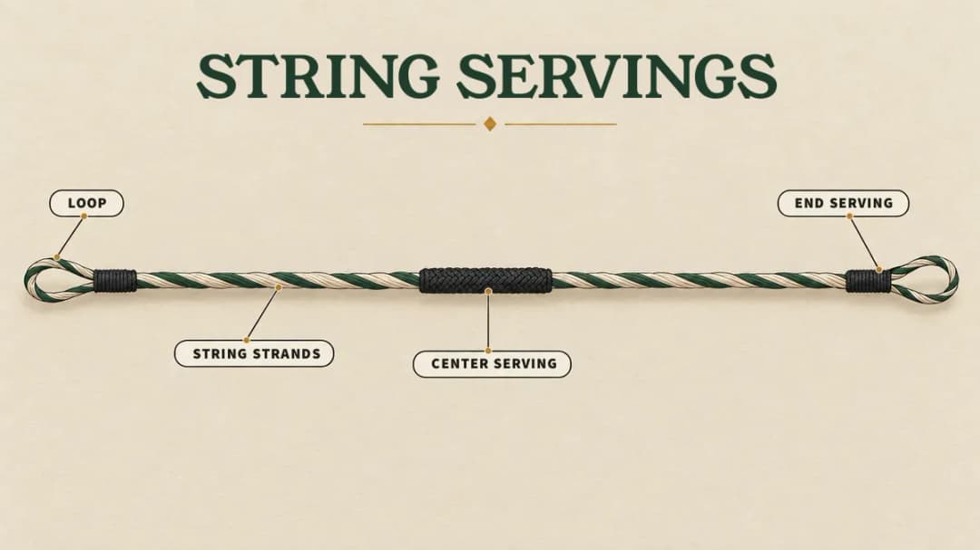 A crossbow string has an end serving at each loop and a center serving in the middle that holds the nock and slides on the rail Crossbow string construction: a loop and end serving at each end, bare twisted strands, and the center serving in the middle.