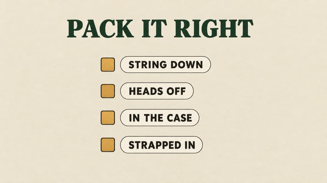 The four things to do before any drive with a crossbow: let the string down, broadheads off and boxed, case it, strap it down Before you drive: string down, heads off, in the case, strapped in.