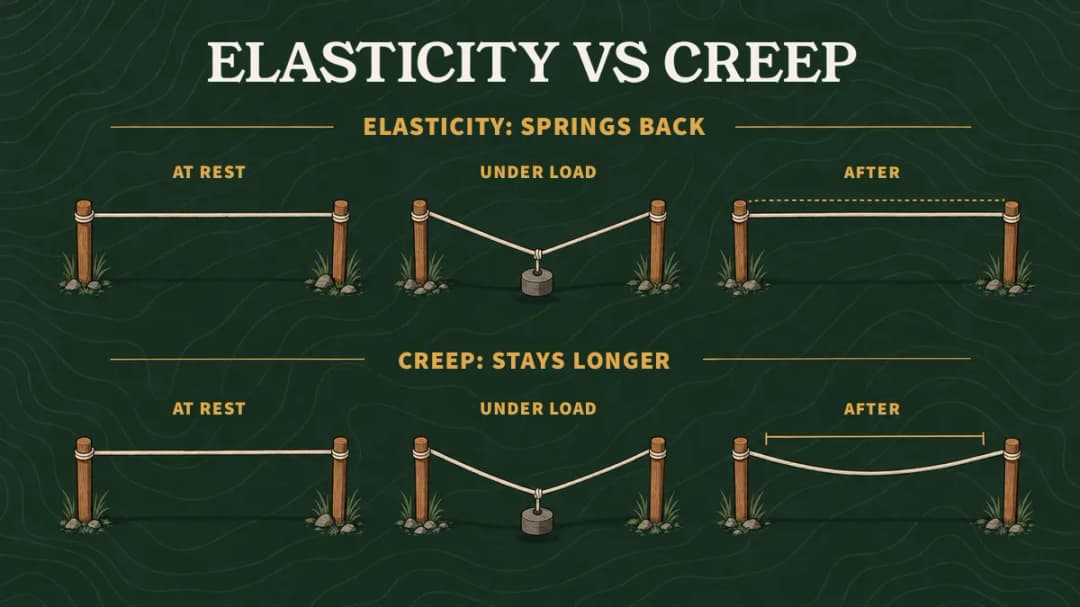 Elasticity is stretch that springs back; creep is stretch that stays, so a creeping string ends up longer Elasticity vs creep: an elastic cord returns to its length after a load; a creeping cord stays a little longer.
