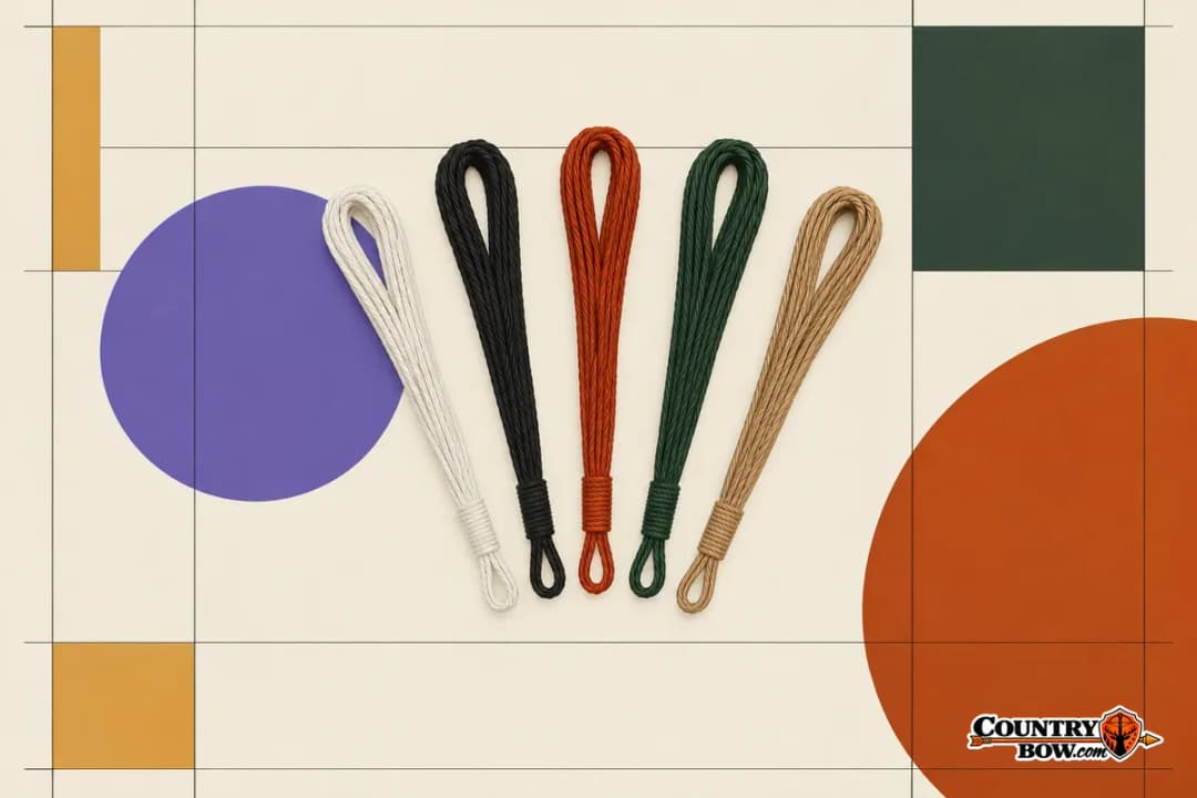 Five bowstring materials, side by side Five bowstring loops side by side in white, black, rust, green and tan, each with a wrapped serving, like specimens on a gridded poster.