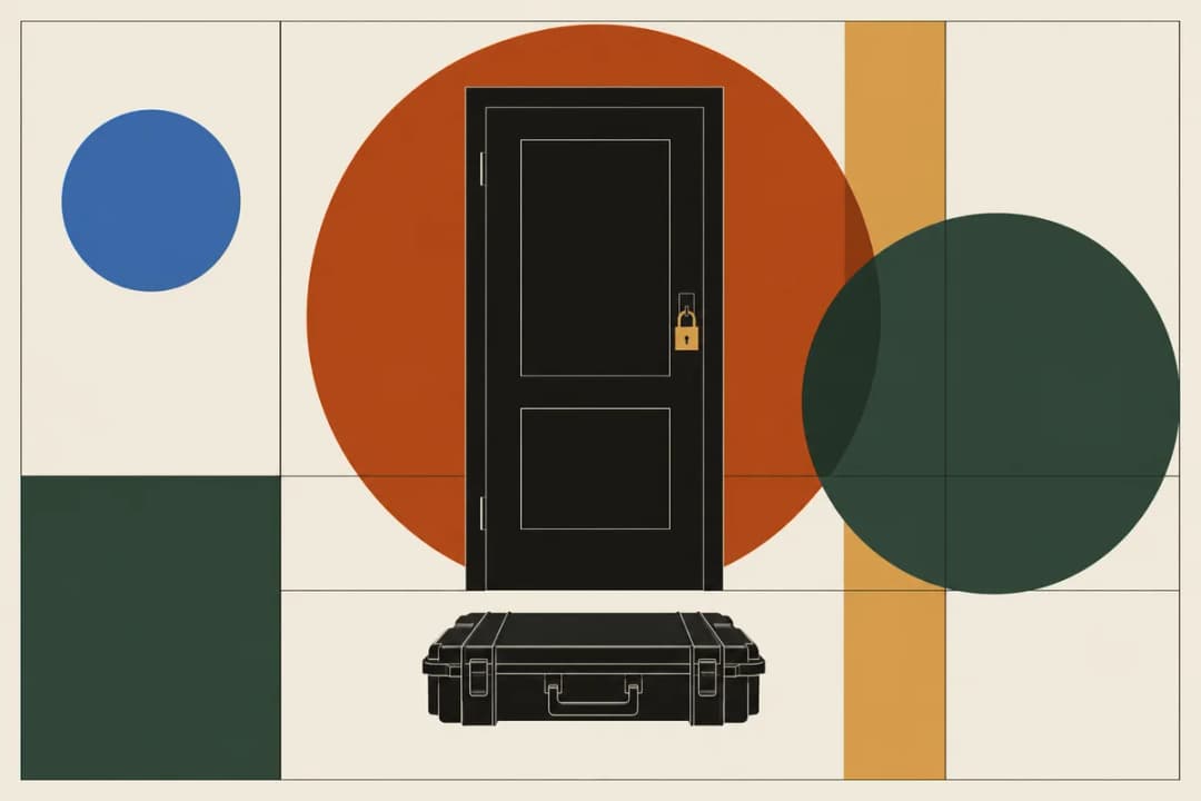 Crossbows for home defense Poster of a front door with a padlock and a closed hard case on the floor, on a grid with bold circles.