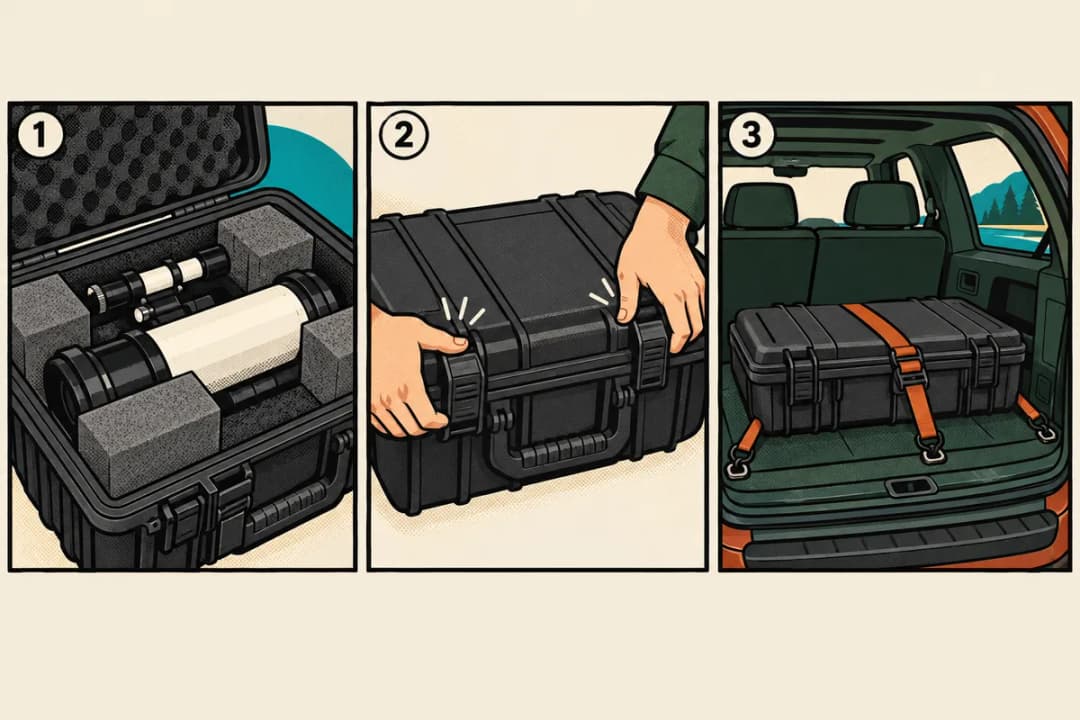Packing for the road Three-panel comic: a scope packed in foam blocks inside an open hard case, hands snapping the latches shut, and the case strapped down in an SUV's cargo area