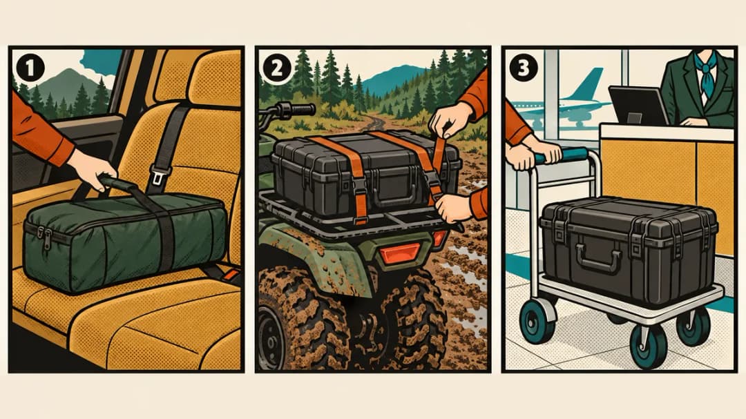 Which case for which trip Three-panel comic: a soft case on a car's back seat, a hard case strapped to an ATV on a muddy trail, and a hard case on an airport baggage cart